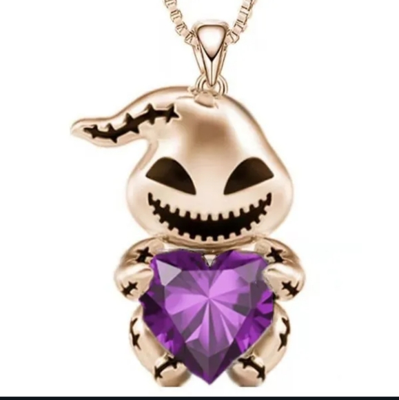HP!! NWT Adorable Goth Gold Oogie Boogie Holding Purple Heart Necklace! - Picture 1 of 6